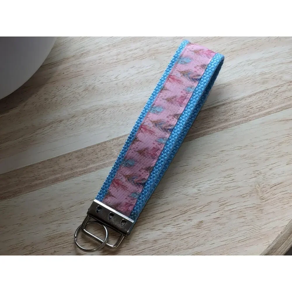 Feather Keychain Wristlet Handmade Boho Fabric Key‎ FOB Sturdy Farmhouse Teal